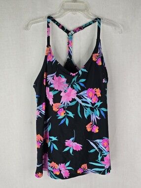 Island Escape Womens 16W Underwire Pink Black Floral VNeck Tankini Swim Top